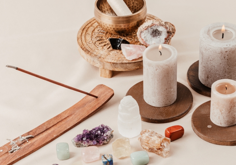 crystal, candles, incense