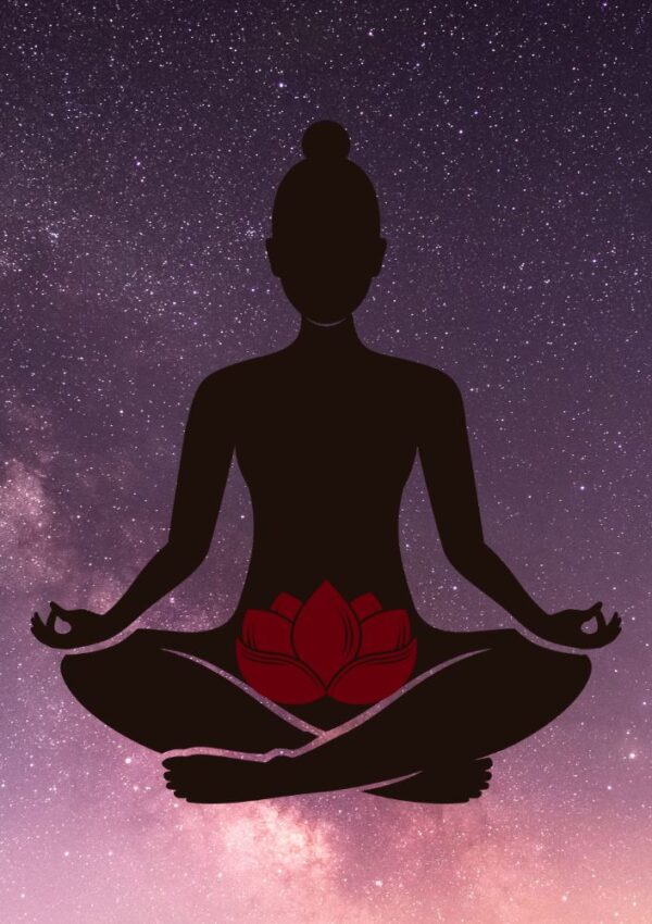 lotus pose with lotus flower in root chakra against galaxy background
